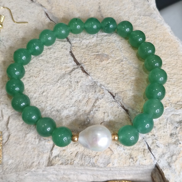 Vintage Green Aventurine Jewelry Set pearl turquoise Necklace Earrings Brooch - Picture 4 of 11